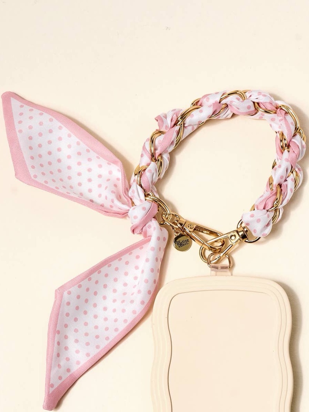 Pink Polka Dot Chain Wristlet Phone Strap with Gold Hardware